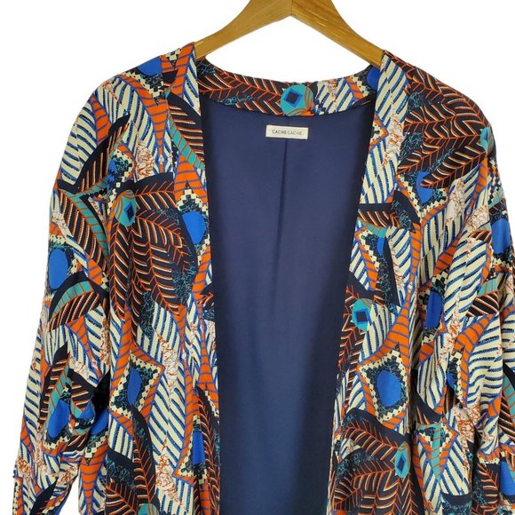 Cache Cache Womens Viscose Open Front Blazer Jacket Kimono L Ethnic Orange Blue - Picture 2 of 13